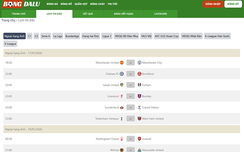 Tra cứu lịch thi đấu bóng đá chính xác nhất